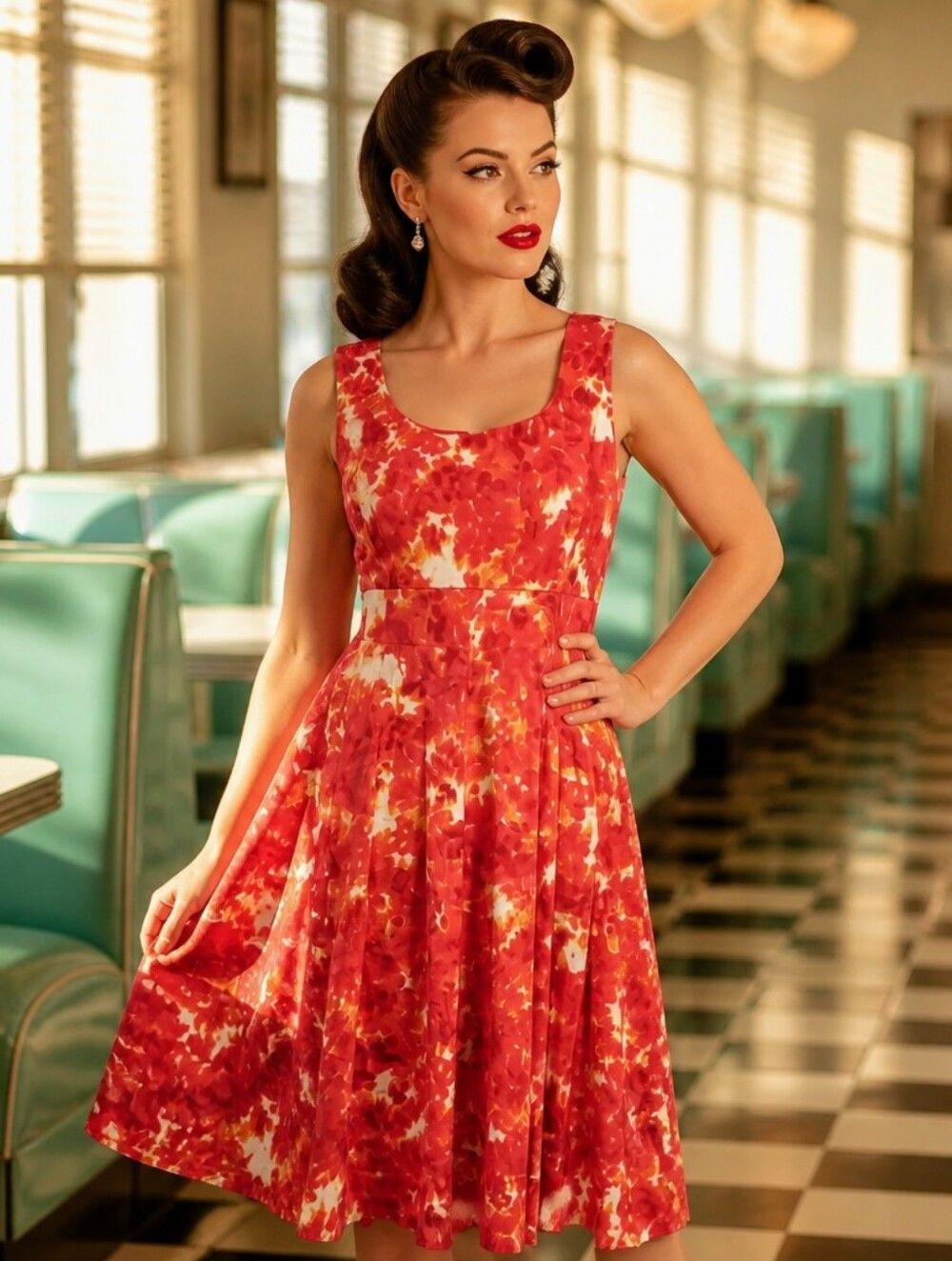 Dana Buchman Red & Orange Floral Scoop-Neck Midi Dress